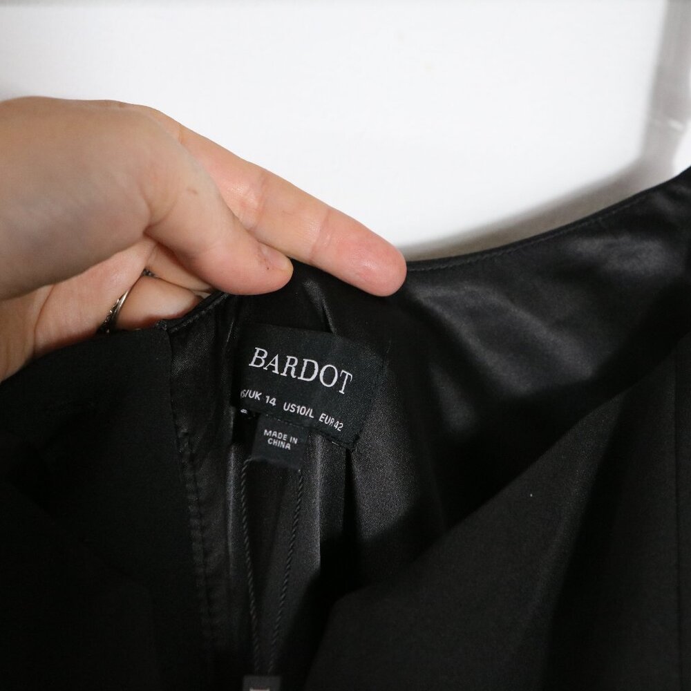 Bardot Kristen Peplum Dress 10 Large Black Cocktail Party Bodycon Sleek Ruffle - Picture 3 of 6